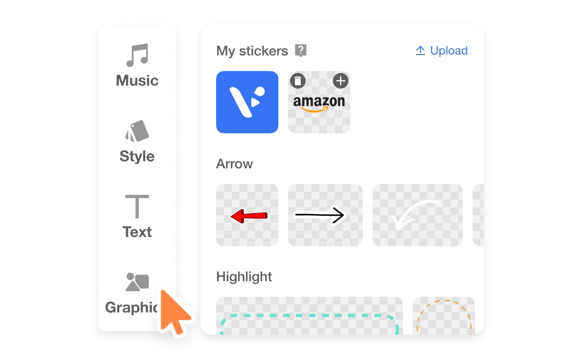 Visla interface demonstrating how to annotate video with stickers, featuring a drag-and-drop sticker customization panel.